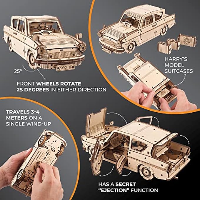 HARRY POTTER FLYING FORD ANGLIA MODEL CAR KIT  3D PUZZLES FOR ADULTS TO BUILD - TOY CARS MODEL BUILDING WOODEN PUZZLE CRAFT KIT - CAR MODEL DIY KIT INCLUDES WIND UP ENGINE AND EJECTION SEATS - Image 4